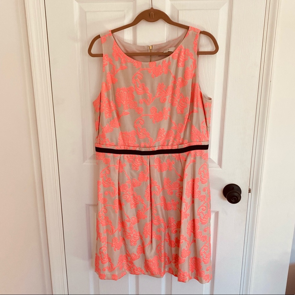 LOFT Coral Pink and Tan Embroidered Dress